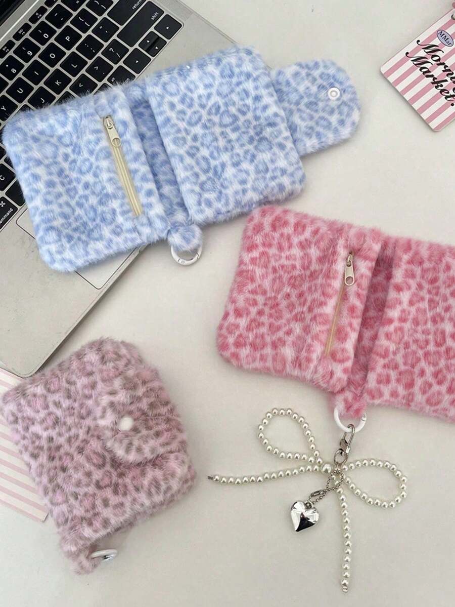 1pc Fashionable Leopard Print Coin Purse, Soft Plush Multi-Functional Foldable Coin Pouch, Cute Bluetooth Earphone Storage Bag, Multi-Pocket Pink Leopard Pattern Card Holder Wallet, Women/Girls