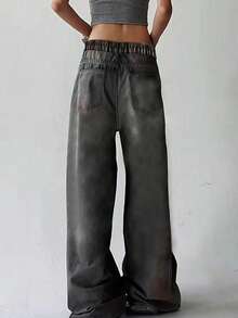 Jeansy vintage z prostymi nogawkami dla nastolatek, uniwersalne i swobodne. Szerokie nogawki. - Czarne - Zobacz 6