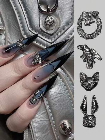 10pcs Rabbit Head Wreath And Eagle Nails Charms, Gunmetal Black, Nail Art Accessories, Suitable For DIY Nail Salons And Personal Nail Art Supplies