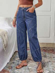 Women's Plain Casual Washed Drawstring Hem Jeans With Pocket - 彩色 - 查看 3