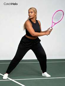 Plus Size Women Loose Drawstring Waist Pockets Sports Pants, Pure Black, Casual Sporty Style (2025 Autumn/Winter Yoga & Fitness Leggings) - Black - View 8