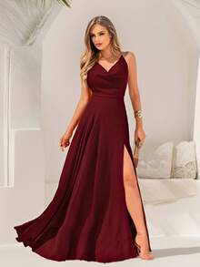 Marsala NM Nana Marie Halter Neck Long Dress With Ruffled Neckline, Backless Bridesmaid Dress With Flowing Details And Slit - 紅木色 - 查看 2