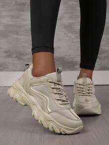 1 Pair Women's Contrast Color Lace-Up Sporty Fabric Chunky Sneakers, Outdoor Running Shoes, Fashionable & Versatile, All Season - Champagne - View 4