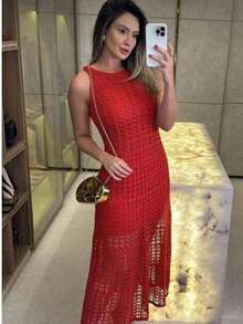 Lace Flared Dress, Beachwear, Elegance. - Đỏ - Xem 3