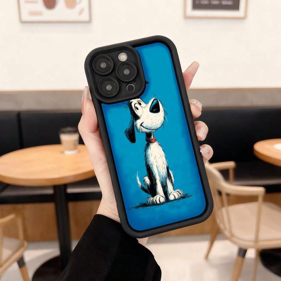 Funda de teléfono con borde negro y diseño de perro animado sobre fondo azul para uso diario en cafeterías y espacios urbanos Aplicable a los teléfonos de la serie Apple y Galaxy - Blanco - Ver 1