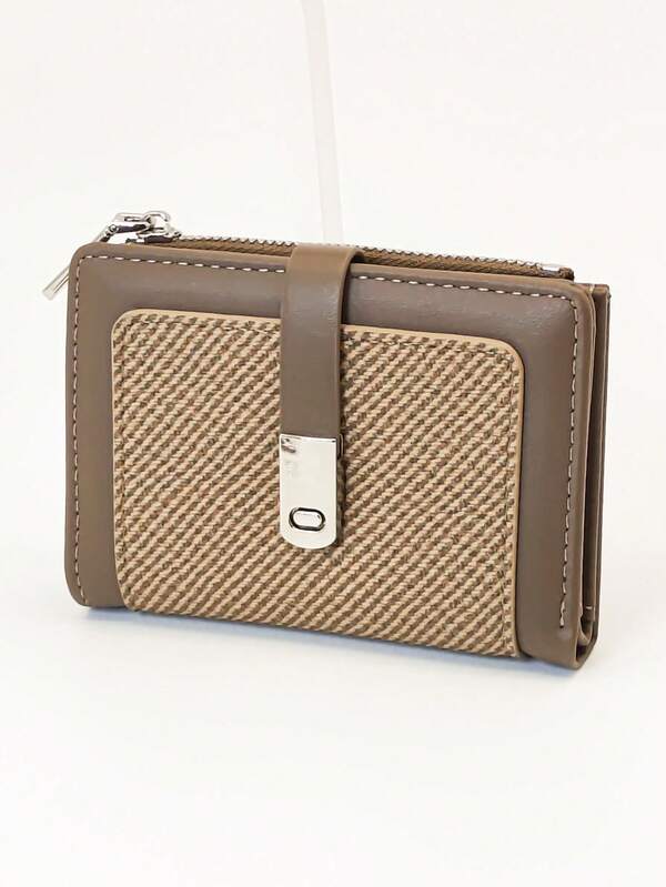 Women's Short Contrast Color Patchwork Wallet, Fashion Textured Straw Woven Multi-Function Card Holder Pouch, Elegant Snap Closure Young Student Large Capacity Zipper Coin Purse, Lightweight Stylish Convenient Carry, Suitable As Holiday Gift