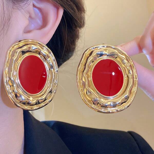 1 Pair Vintage Fashionable Oval Pleated Enamel Minimalist Stud Earrings