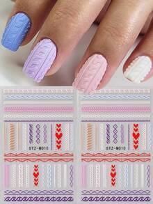 2片装毛衣条纹美甲贴纸，3D彩色线条格子法式美甲贴纸，新年美甲用品，DIY美甲装饰 - 彩色 - 查看 2