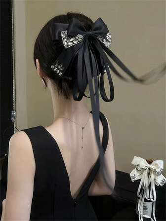 1个女士时尚优雅闪亮水晶黑色丝带蝴蝶结发夹，适合马尾辫、丸子头、连衣裙、海滩、日常佩戴，波西米亚风别致发夹，冬季发饰