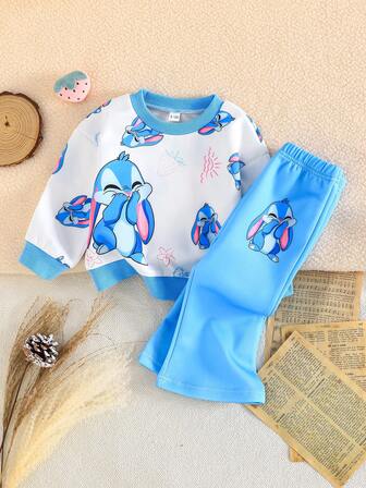 2 pezzi Set di abbigliamento casual per bambine, composto da maglietta a maniche lunghe con stampa carina di coniglietti e pantaloni a zampa semplici