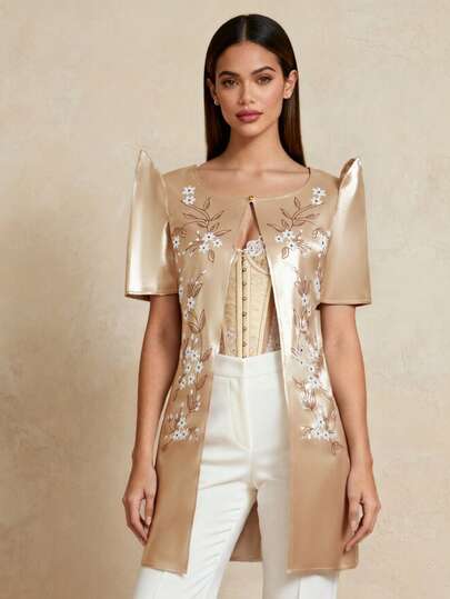 Amyenjoylife Modern Philippine Inspired Blouse, Philippine Inspired Butterfly Sleeve Blouse, Elegant Women's Printed Long Cardigan, Champagne Color Blouse