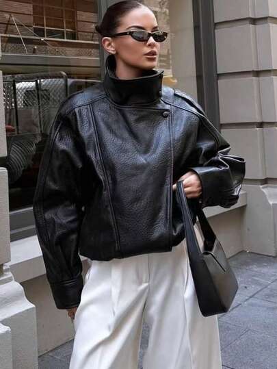 Autumn Winter Women Loose Leather Jacket, Fashion Street Motorcycle Jacket, Solid Color With Zipper Pockets Black