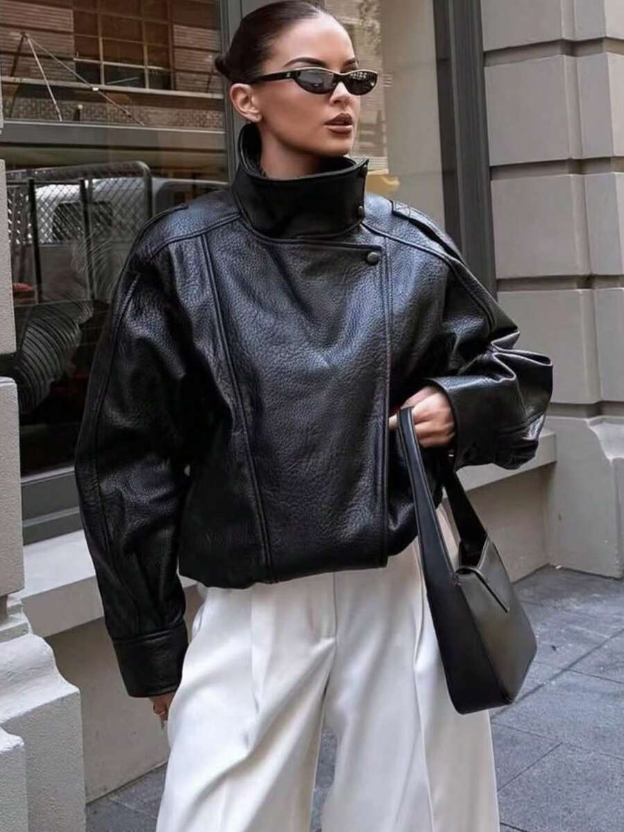 Áo khoác da nữ dáng rộng mùa thu đông, áo khoác mô tô thời trang đường phố, màu trơn với túi khóa kéo màu đen.