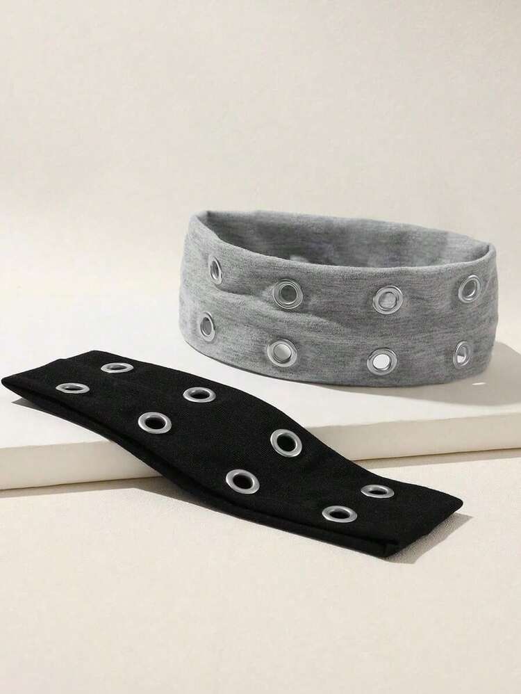 Grunge Punk  1pcs  Fashion Perforated Wide Headbands, Suitable For Streetwear, Casual Wear And Outings Hair Band Turban Headband Sweatband - 黑色 - 查看 3