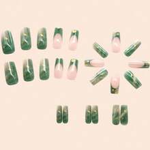 Medium Green Press On Nails French Fake Nails Tips Full Cover Square False Marble Nails For Women And FFgirls 24PCS{Inchcolor_nameinch:InchNails-04inch} - Nails-04 - View 3