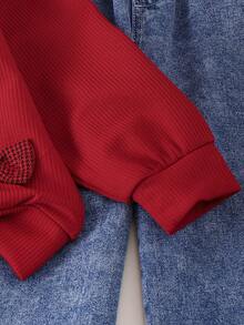 2 件套少女甜美简约 3D 蝴蝶结装饰长袖上衣和口袋牛仔裤套装，春秋 - 酒紅色 - 查看 4