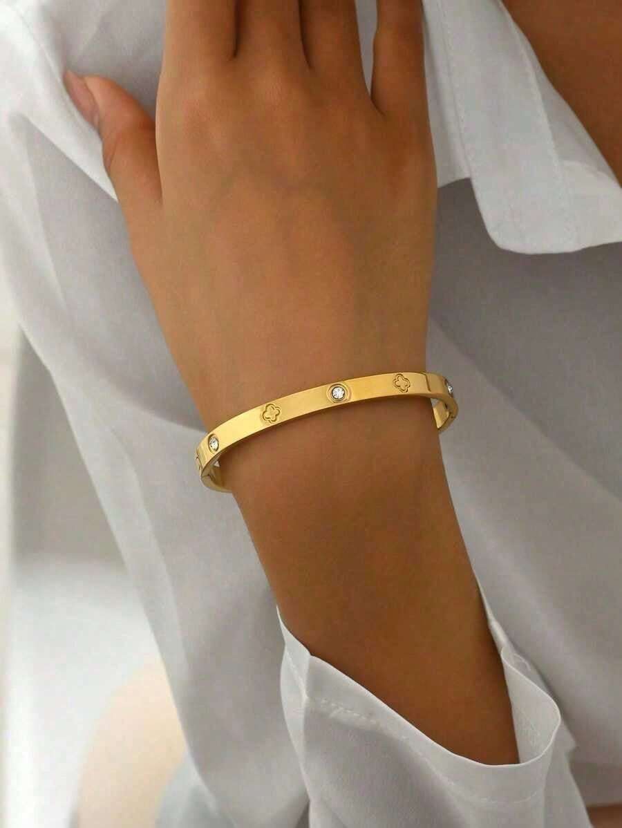 1pc Fashionable Stainless Steel 5-Leaf Bracelet For Women - 金子 - 查看 1