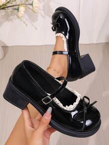 2025新款女士PU皮玛丽珍鞋：粗跟、防水台、圆头、蝴蝶结装饰、系带设计，舒适休闲日常鞋。适合日常穿着、度假、鸡尾酒会和通勤。 - 黑色 - 查看 9