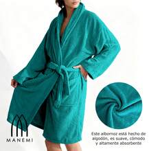 MANEMI Albornoz De Baño Unisex 100% Algodón – Albornoz Suave Y Absorbente Con Cinturón, Cuello En Pico, Mangas Anchas Y Dos Bolsillos – 500 G/M² – Tallas M, L, XL - 綠色的 - 查看 5