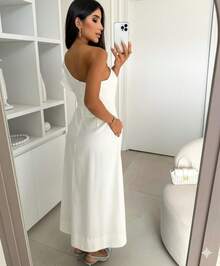 Elegant One-Shoulder Dress With Pocket And Zipper. - White - View 2