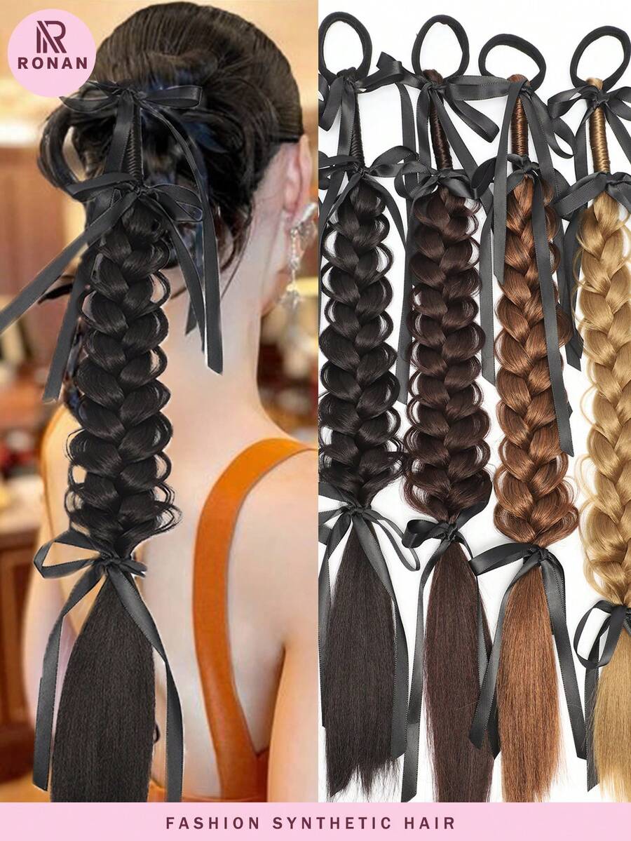 1pc 20-Inch Hand-Woven Fishtail Ponytail With Ribbon, Suitable For Everyday Wear By Women.