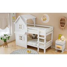 Children's Bunk Bed 90x200 Cm, Design With Windows And Roof, Side Rails And Straight 3-Step Ladder, Stabilized Slatted Base, Pine, MDF And Plywood Frame, White - White - View 9