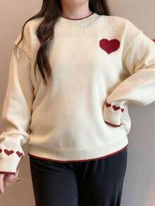Crew Neck Plus Size Heart Jacquard Knit Sweater For Women, Loose Fit Cozy Style, Suitable For Plus Size, Autumn/Winter - Apricot - View 3