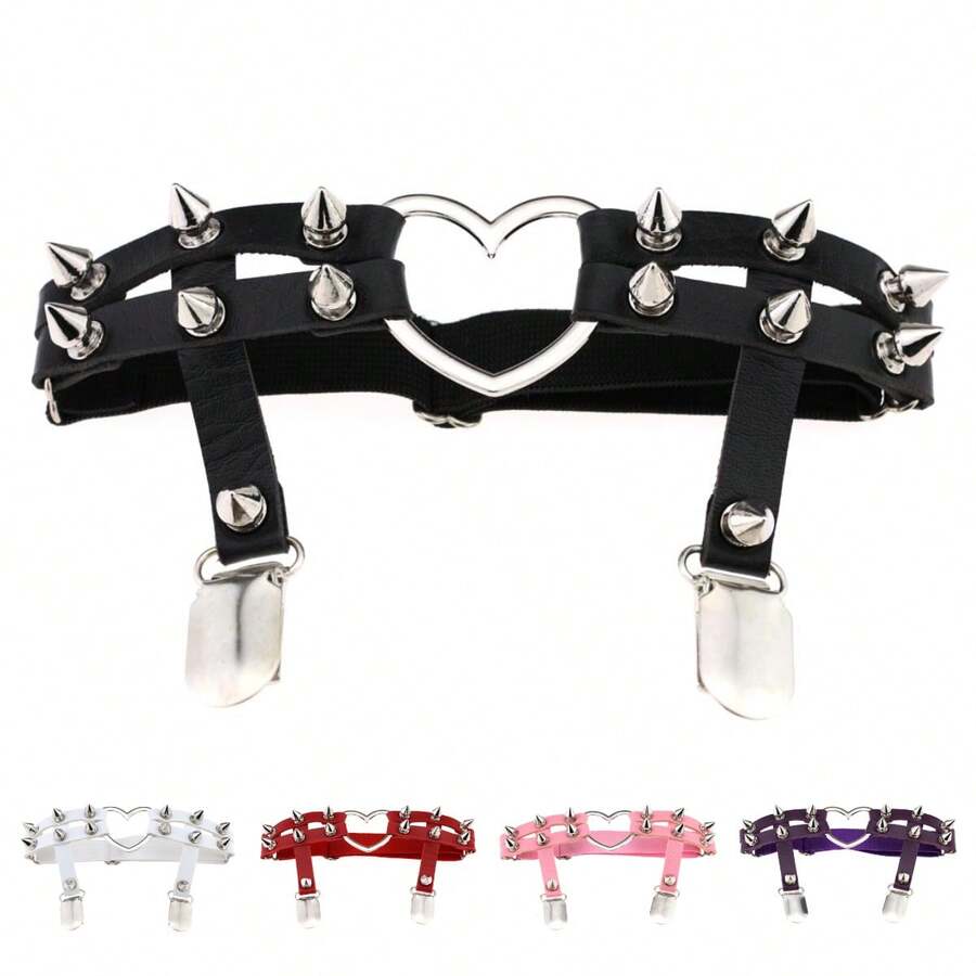 1Pcs Gothic Heart Leg Harness - Double-Row Studded Leather Garter With Adjustable Chain, Punk Dance Accessory For Stage Performance - Nâu sẫm - Xem 1
