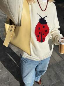 2025 Autumn And Winter Fashion Women's Casual Versatile Comfortable Home Ladybug Pattern Long-Sleeved Round Neck Sweater Fit Drop Shoulder Sweater Fall Women Clothes Country Concert Outfit Brunch Outfits For Women