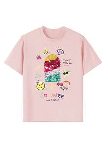 Bộ 3 áo thun ngắn tay cổ tròn in họa tiết dành cho bé gái, trang phục mùa hè cho học sinh - Áo thun thời trang tiếng Anh đơn giản dễ thương mang lại niềm vui và hạnh phúc cho mọi trẻ em! Thích hợp cho Ngày Valentine. - Hồng - Xem 3