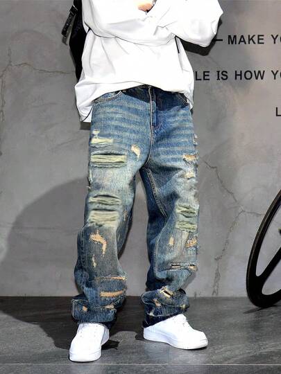 Vintage American Streetwear Style Distressed Patch Loose Fit Wide Leg Jeans, Relaxed Straight Cut Denim Pants For Men