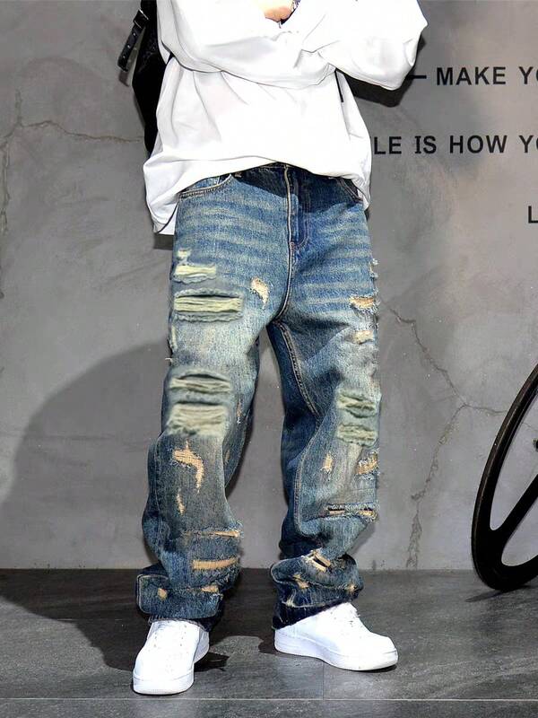 Jeans de pierna ancha con ajuste holgado y parches desgastados, estilo vintage de ropa de calle estadounidense. Pantalones vaqueros de corte recto y relajado para hombres.