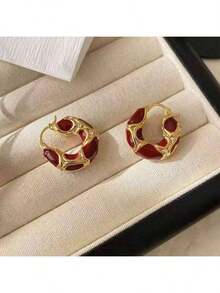 1 Pair Luxury Retro Enamel Drop Hoop Earrings, Suitable For Women To Wear Daily, Festivals, And Formal Occasions,Fashion Jewelry And Accessories - 紅色 - 查看 5
