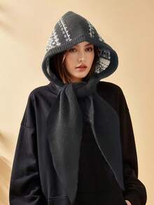 1pc Women Casual Geometric Floral Textured Warm Windproof Fluffy Thick Bohemian Style Knitted Hooded Scarf Shawl Neck Warmer, Suitable For Dates, Daily Wear, Shopping, Traveling, Matching - B - View 10