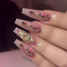 Xl Pink Press On Nails Long Coffin Nails Press Ons Gold Rhinestone Design False Nails Full Cover Arcylic Gel Fake Nails Gift For Women 24pcs{Inchcolor_nameinch:Inchnudepinkballetinch} - 裸粉芭蕾 - 查看 2