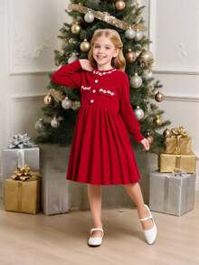 Young Girl Vacation Fashion Pearl Decor Round Neck Long Sleeve A-Line Knit Sweater Dress, Comfortable & Soft, Suitable For Daily, Outdoor, Travel, Vacation, Home, Daycare, School Wear, Spring/Autumn/Winter