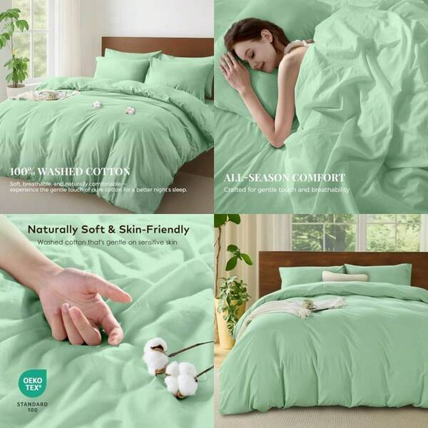 100% Cotton Quilt Cover Set Queen 3 Pieces Vintage Washed Duvet Cover With Pillowcases Ultra Soft And Breathable All Season Bedding Sage Green