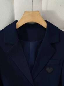 Solid Color Single Button Long Sleeve Single-Breasted Waistcoat Suit Pants Two-Piece Set - Xanh đậm - Xem 3