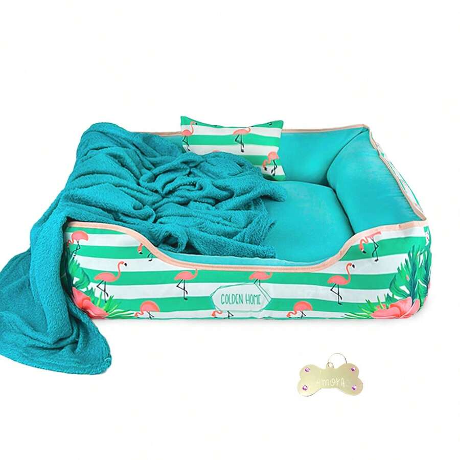 Dog/Cat Bed 60x60 4 Pieces Waterproof Pet Bed With Zipper Blanket And ID Tag - Mint Green - View 1