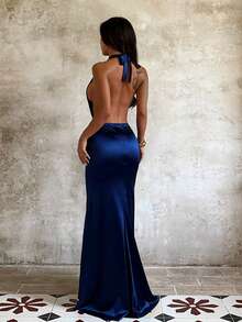 1 chiếc váy dạ hội trang trọng hở lưng dệt kim màu trơn thanh lịch, thích hợp cho các bữa tiệc và dịp trang trọng, mọi mùa - Màu xanh hải quân - Xem 2