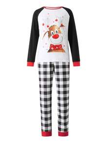 Family Matching Christmas Pajamas, Dog Clothes/Baby Romper/Elk Print Long Sleeve Tops + Plaid Print Pants Set - 黑與白 - 查看 2