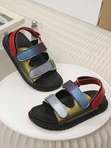 1 Pair Candy Color Thick Sole Hook & Loop Beach Sandals, Kids Open Toe Sandals, Baby Soft Bottom Shoes, Color Block Hook & Loop Decor, PU Material, Easy To Match Flat Heel, Outdoor Fashion Casual Shoes For Summer - Red Violet - View 3