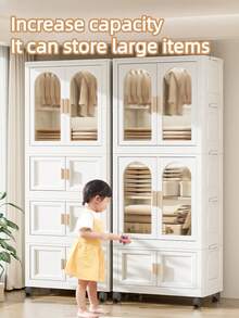 Folding Simple Wardrobe Closet, Folds Flat For Storage,DIY Collapsible Clothes Storage Cabinet ,Foldable Baby Wardrobe With Hanging Rod, Portable Kids Wardrobe With Lockable Wheels & Magnetic Doors, Sturdy Nursery Closet Storage Organizer For Boys & Girls' Bedroom, Easy To Install (White, Large)Apartment Saver - 彩色 - 查看 1