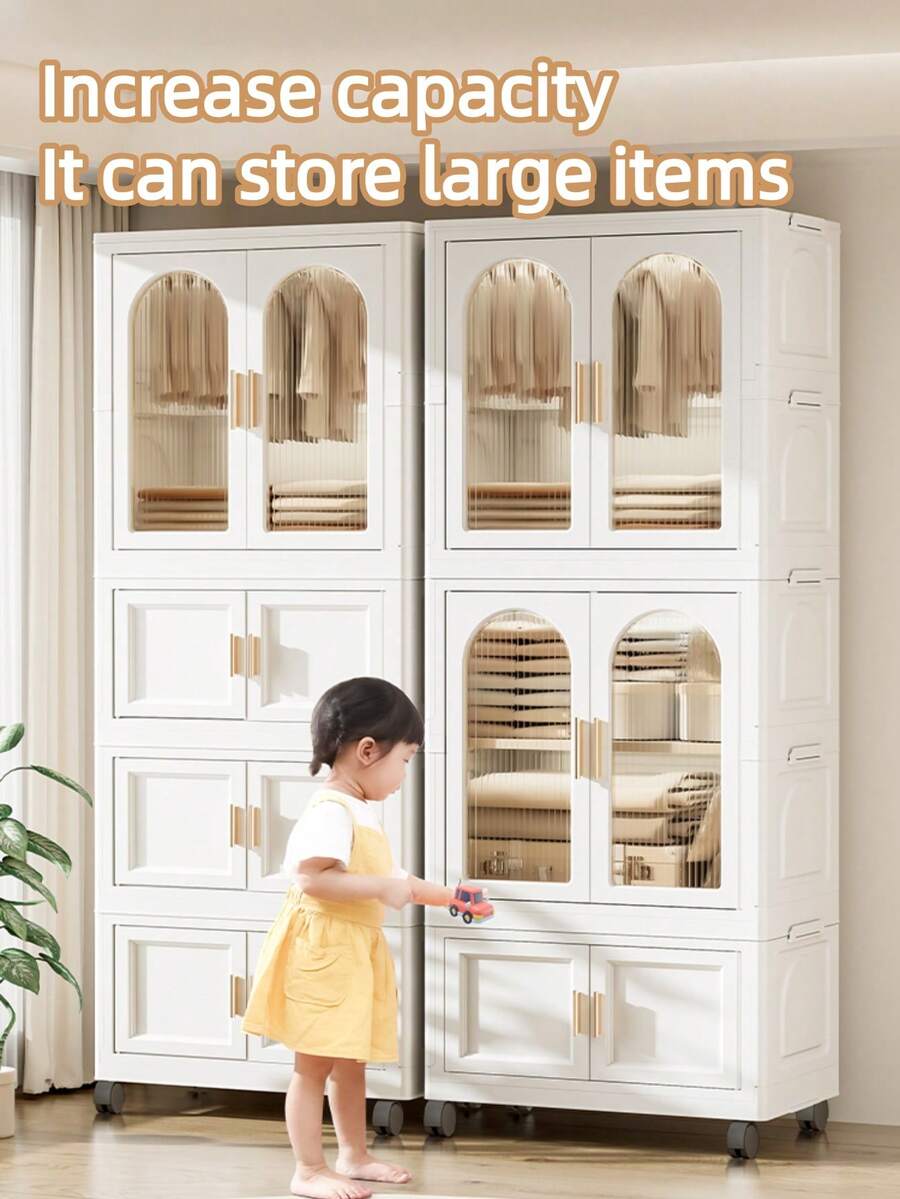 Folding Simple Wardrobe Closet, Folds Flat For Storage,DIY Collapsible Clothes Storage Cabinet ,Foldable Baby Wardrobe With Hanging Rod, Portable Kids Wardrobe With Lockable Wheels & Magnetic Doors, Sturdy Nursery Closet Storage Organizer For Boys & Girls' Bedroom, Easy To Install (White, Large)Apartment Saver - 彩色 - 查看 1