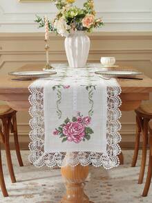 Polyester Linen Natural Table Runner, Pink Rose Cross-Stitch Embroidery, Double-Sided Wavy Hollow Crochet Lace Edge, Vintage Botanical Style Dining Table Coffee Table Tablecloth, Wedding Farmhouse Home Kitchen Decor - Multicolor - View 5