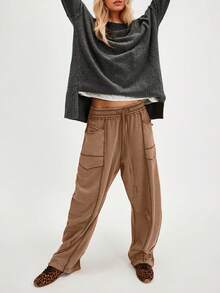 Women's Casual Cylinder Pants Wide Leg Casual Drawstring Sweatpants With Pockets - Màu kaki sẫm - Xem 5