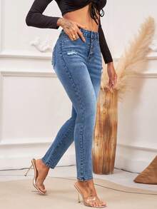 Jean skinny taille mi-haute déchiré - Denim stretch avec braguette à boutons, pantalon slim classique délavé et déchiré - Jean bleu - Voir 2
