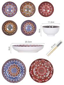 Bohemisk keramikskål, underglasyrmålad risskål, ny förtjockad keramikporslin, kan förpackas i presentask, lämplig för servering av ris, sallad, pasta, desserter, och ett idealiskt val för presenter till familj och vänner, inflyttningsfiranden. Keramiskt porslin, ugn, mikrovågsugn och diskmaskin. - Multifärgad - Visa 3