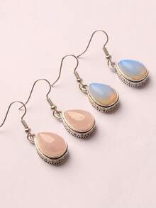 1 Pair Vintage Plated Silver Black Teardrop Faux Gemstone Earrings, Multiple Colors Available - Black - View 3