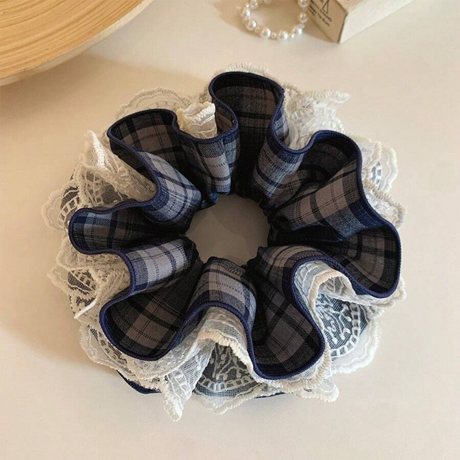 1pc Elegant Lace Multilayer Hollow Floral Hair Scrunchie, Unique Design, Versatile For Daily Use ,Hair Ties ,Scrunchy Hair Ties Ponytail Head Accessories Elastic Band - Navy - View 1